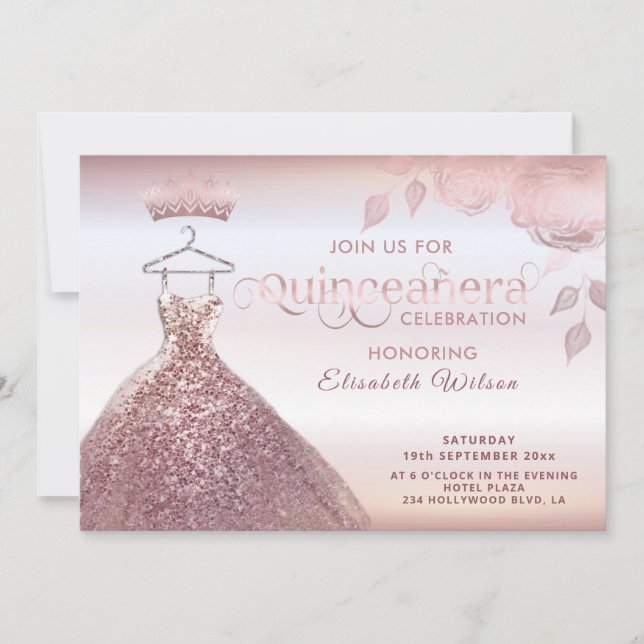 Rose-Goldkleid Quinceañera Invitat Einladung (Vorderseite)