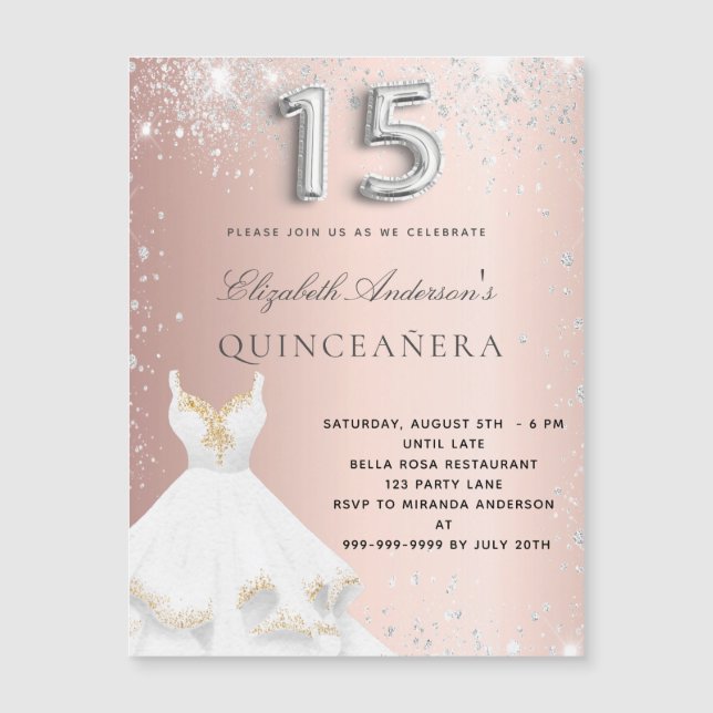 Rose Goldkleid Quinceanera Magnet Einladung (Vorderseite)