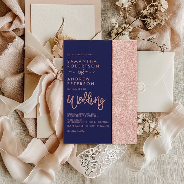 Rose Goldmedaille Glitzer Marineblau Blauer Blockh Einladung (Rose gold glitter navy blue color block wedding invitation)