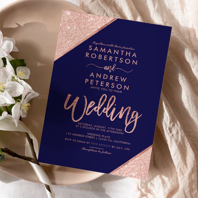 Rose Goldmedaille Glitzer Marineblau Hochzeit (Rose gold glitter typography navy blue wedding invitation)