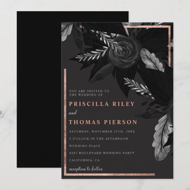 Rose Goldmedaille Hochzeit mit Blumen Einladung (Vorne/Hinten)