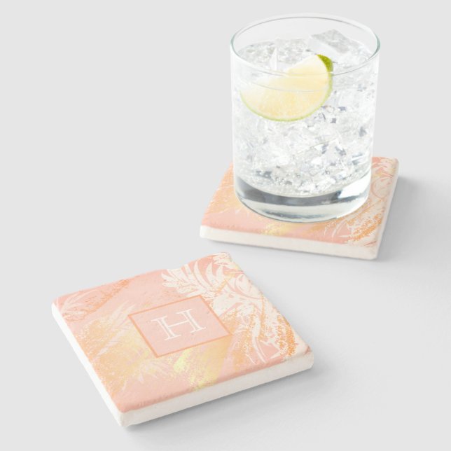 Rose Goldpalme Blätter Monogramm Steinuntersetzer (Seitenansicht)