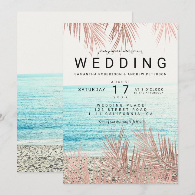 Rose Goldpalme elegante Strand Foto Hochzeit Einladung (Vorne/Hinten)