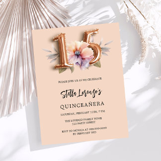 Rose Goldpfirsich Blütenluxus Quinceanera Einladung