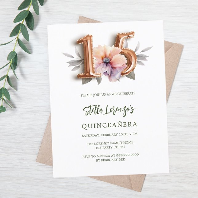 Rose Goldpfirsichgrün Quinceanera Einladungspostkarte (Von Creator hochgeladen)