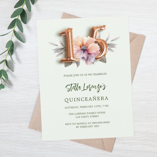 Rose Goldpfirsichgrün Quinceanera Einladungspostkarte (Von Creator hochgeladen)