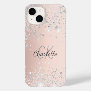 Rose Goldpinke silberne Glitzer Monogrammbezeichnu Case-Mate iPhone 14 Hülle