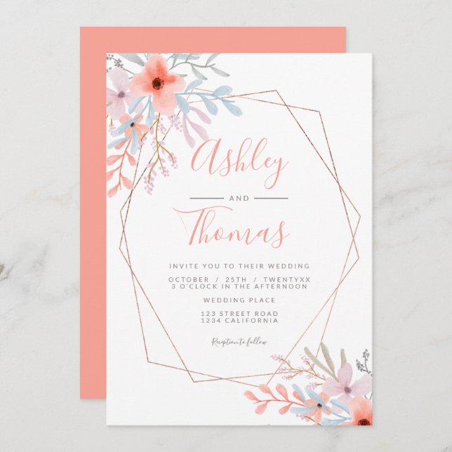 Rose Goldrahmen Blumenkoralle Wasserfarbenhochzeit Einladung (Vorne/Hinten)