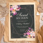 Rose Goldrahmen Rosa Blumenfarbe Sweet 16 Einladung<br><div class="desc">Rose goldener geometrischer Rahmen und Glitzer Konfetti-Typografie Sweet 16 Geburtstag mit handgemalten weichen Frühling Sommerblumenblättern Zweige,  pink,  orange,  gelb lila Lavendel Blume auf dunklem Hintergrund,  ideal für Frühjahr und Sommer Geburtstagsparty.</div>
