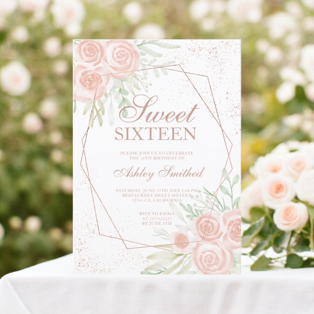 Rose Goldrahmen Rosa Blumenfarbe Sweet 16 Einladung (Rose gold frame pink floral watercolor Sweet 16 Invitation)