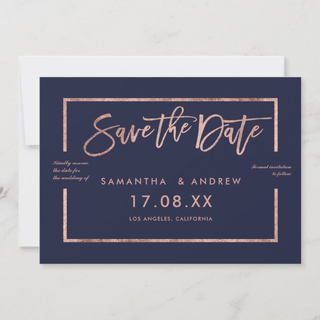 Rose Goldrahmen Schrift Marine Save the Date blau (Vorderseite)
