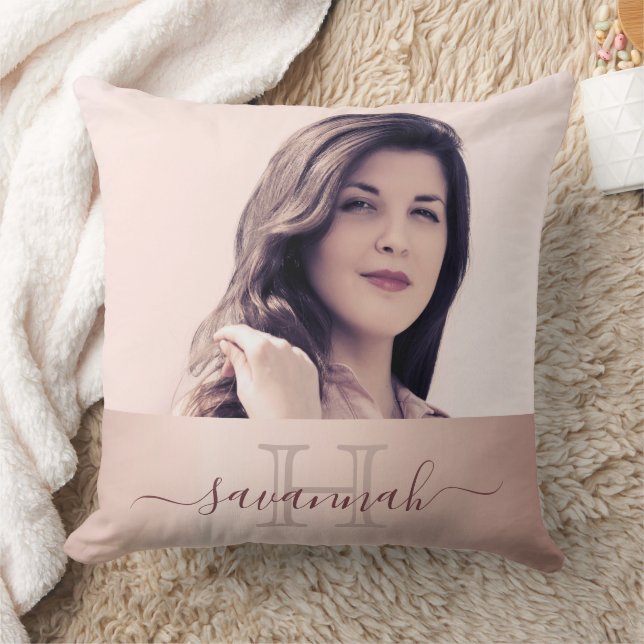 Rose Goldrot Foto Monogramm Anfangsname Kissen (Decke)