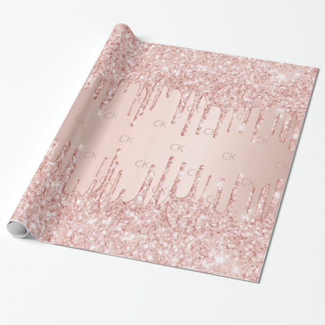 Rose Goldrot Glitzer Tropfen glamourös Monogramm Geschenkpapier (Ungerollt)