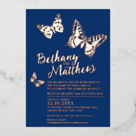 Rose Goldschmetterlinge auf dunkelblauer Hochzeit Folieneinladung