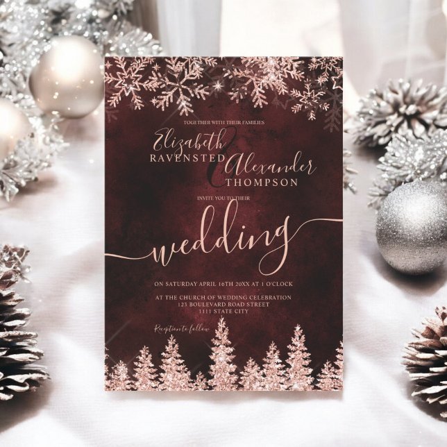 Rose Goldschnee Pine Roter Weihnachtsfest Einladung (Rose gold snow pine red Christmas winter wedding Invitation)
