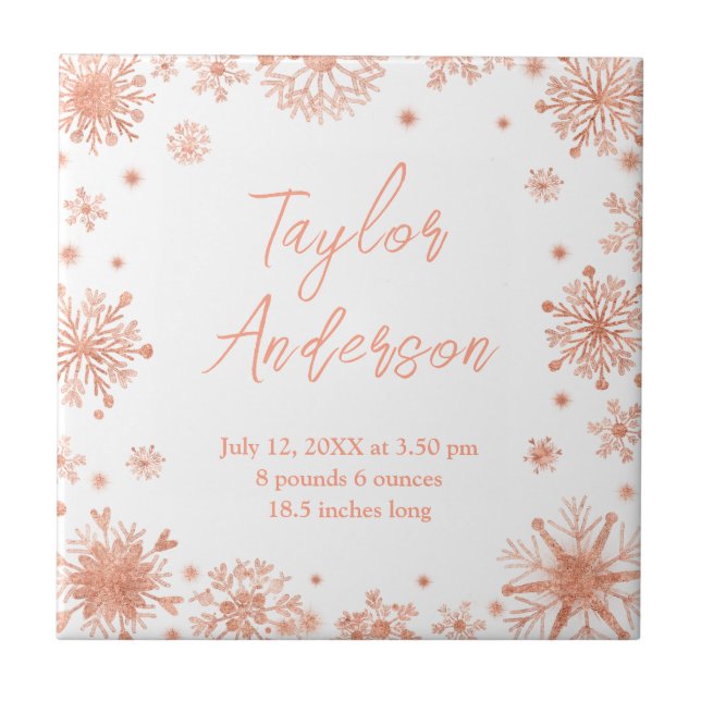 Rose-Goldschneeflocken auf den weißen Geburtsstadi Fliese (Vorderseite)