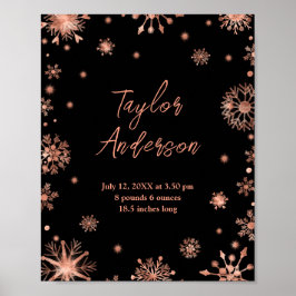 Rose-Goldschneeflocken auf den weißen Geburtsstadi Poster