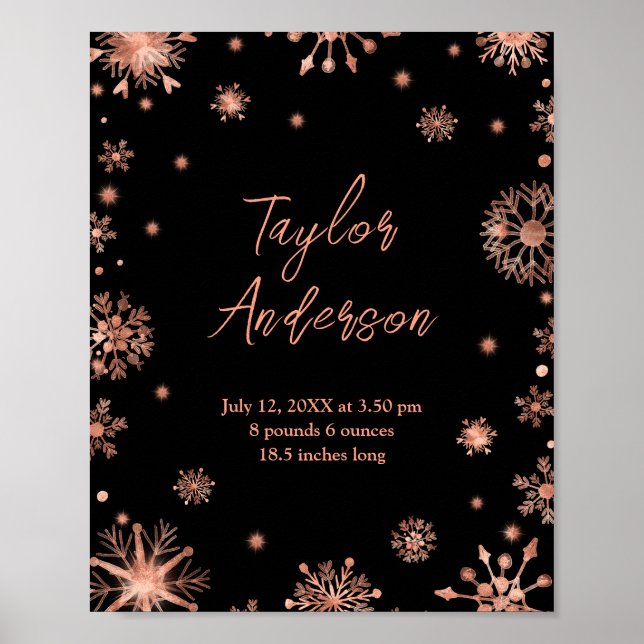 Rose-Goldschneeflocken auf den weißen Geburtsstadi Poster (Vorne)