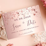 Rose: Goldsterne Save the Date<br><div class="desc">Eine trendige und mädchenhafte Save the Date-Karte für eine 40. Geburtstagsfeier (oder jedes Alter). Rosa,  goldener Hintergrund der Rose,  mit Sternen verziert. Personalisieren und fügen Sie Datum und Name/Alter hinzu. Der Text: Save the Date ist mit einem großen angesagten,  handgeschriebenen Stilskript geschrieben.</div>