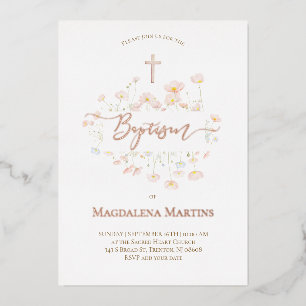Rose Goldtext Taufe zarte Blume Folieneinladung