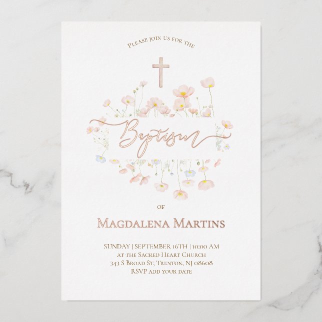 Rose Goldtext Taufe zarte Blume Folieneinladung (Vorderseite)