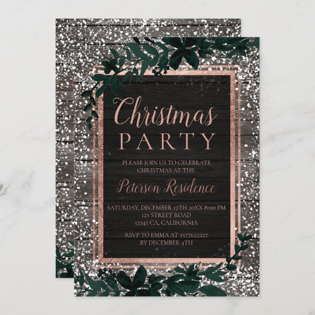 Rose Goldtypografie Blattschneeflocken Weihnachten Einladung (Vorne/Hinten)