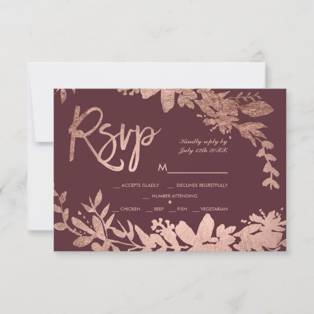Rose Goldtypografie Blumenburgund uAwg Hochzeit RSVP Karte (Vorderseite)