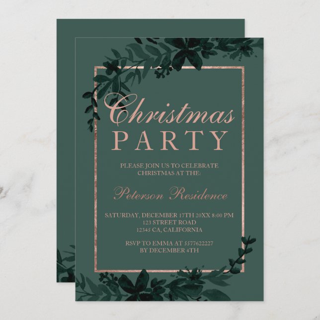 Rose Goldtypografie Blumengrün Weihnachten Einladung (Vorne/Hinten)