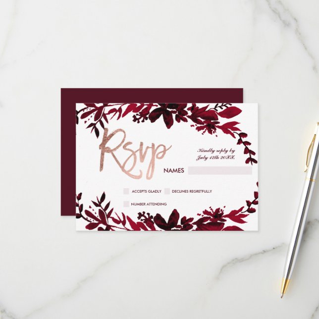 Rose Goldtypografie Blumenrote uAwg Hochzeit RSVP Karte (Vorderseite/Rückseite Beispiel)