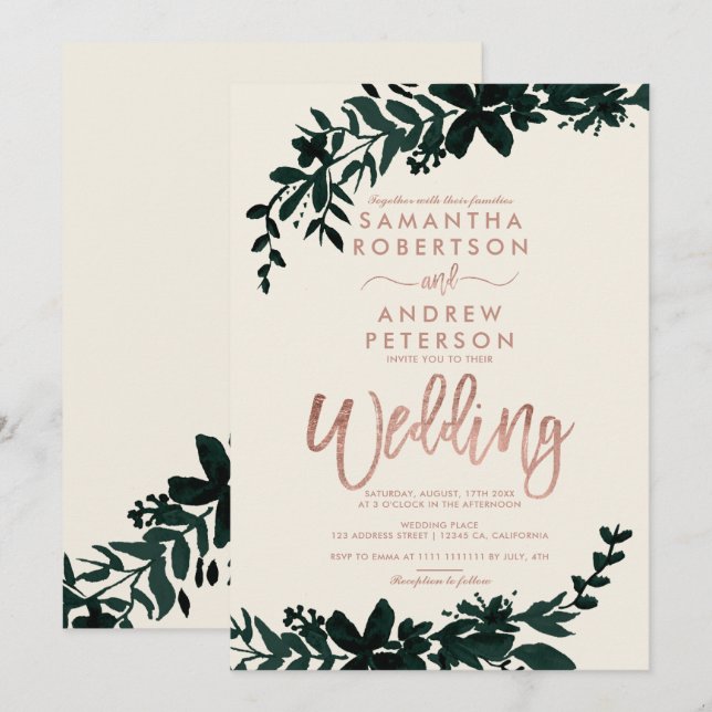 Rose Goldtypografie Blumenzwiebelhochzeit Einladung (Vorne/Hinten)