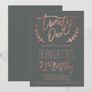 Rose Goldtypografie Federn grau 21. Geburtstag Einladung