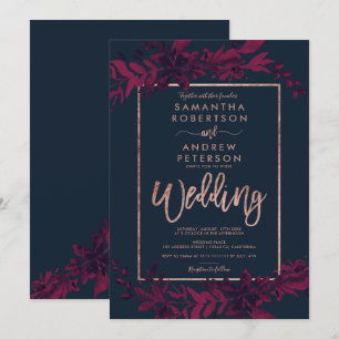 Rose Goldtypografie Flornavy Rote Hochzeit Einladung