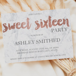 Rose Goldtypografie Marmor Sweet 16 Einladung