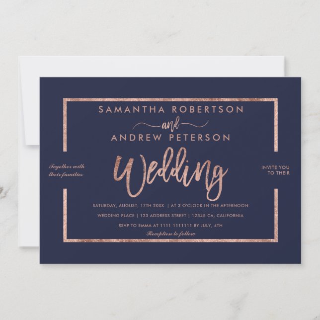 Rose Goldtypografie navy blaue schicke Hochzeit Einladung (Vorderseite)