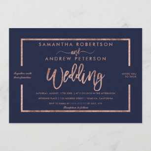 Rose Goldtypografie navy blaue schicke Hochzeit Einladung