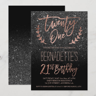 Rose Goldtypografie schwarzer Glitzer 21. Geburtst Einladung