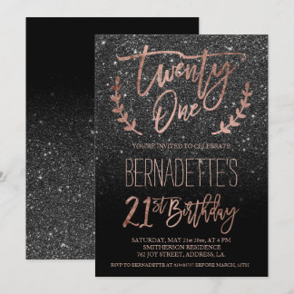 Rose Goldtypografie schwarzer Glitzer 21. Geburtst Einladung
