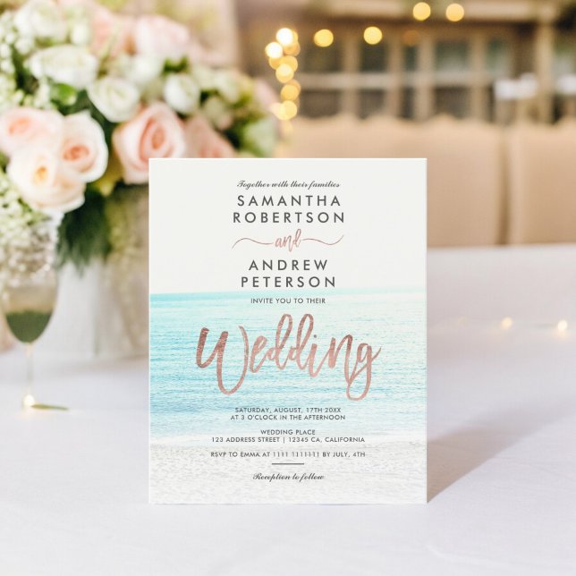 Rose Goldtypografie Strand Foto Budget Hochzeit (Rose gold typography beach photo budget wedding )