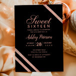 Rose Goldtypografie Streifen Sweet 16 Party Einladung<br><div class="desc">Eine moderne,  schicke und elegante Rose Gold Typografie 16 . Geburtstag Party Einladung mit Rose goldene geometrische Streifen auf elegante schwarz</div>