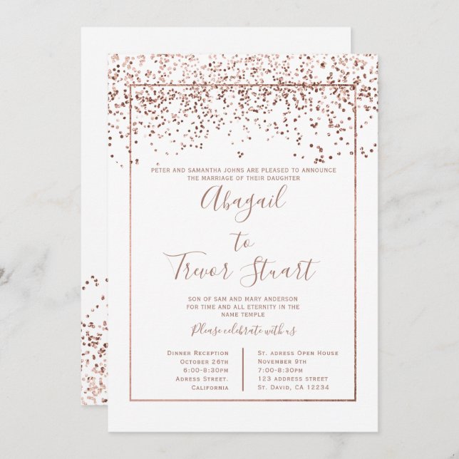 Rose Goldweiße Typografie Konfetti Hochzeit Einladung (Vorne/Hinten)