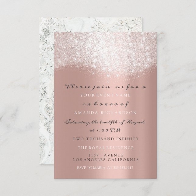Rose Grau Glitzer Marble Confetti Elegantes VIP Einladung (Vorne/Hinten)