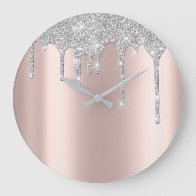 Rose Gray Metal Spark Glitter Drip Blush Glitter Große Wanduhr (Vorderseite)