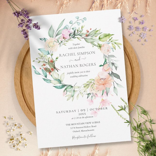 Rose Greenery Blumenzeremonie Einladung (Roses Greenery Floral Wreath Wedding Invitation)