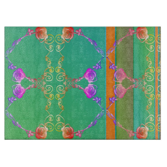 Rose Hearts Apricot & Green Cutting Board Schneidebrett (Vorderseite)