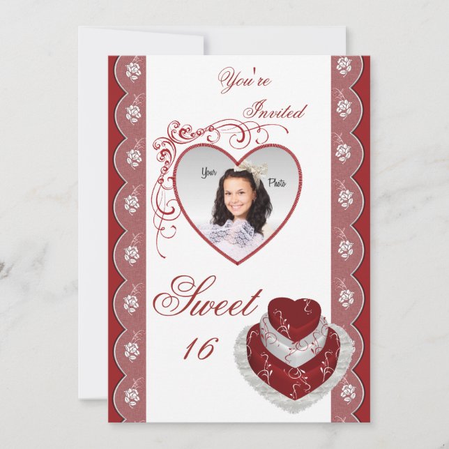 Rose Herz Süß 16 Foto Geburtstag Einladungen rot (Vorderseite)