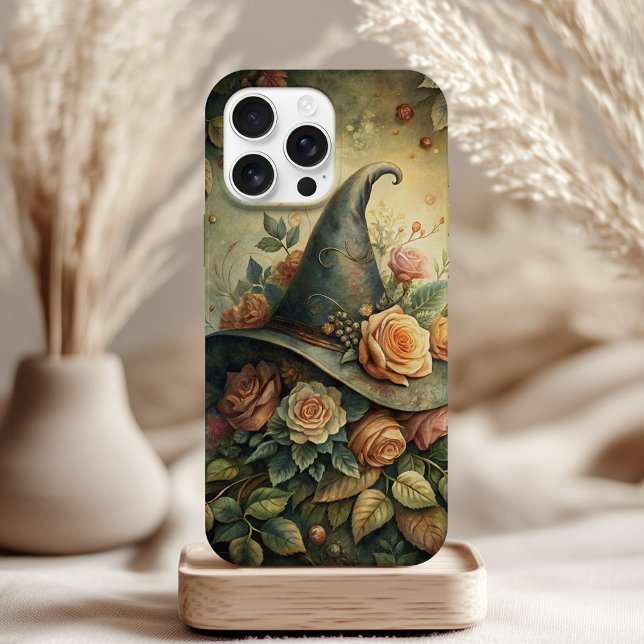 Rose Hexenhut - Soft-Hexerei-ästhetisches Telefong Case-Mate iPhone Hülle (Rose Witch Hat – Soft Witchy Aesthetic Phone Case on a table with neutral boho decor)