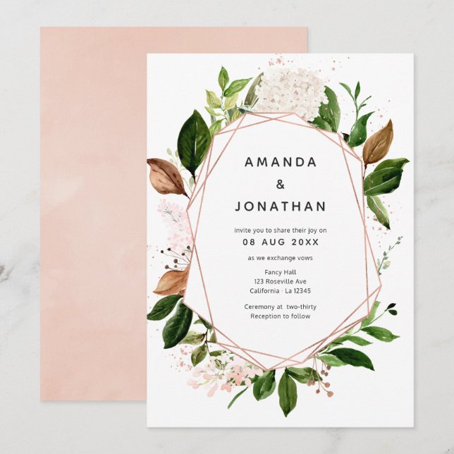 Rose Hochzeit mit goldfarbenem, rosafarbenem, geom Einladung (Vorne/Hinten)