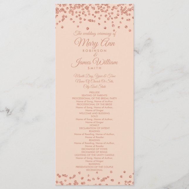 Rose Hochzeitsprogramm Gold Glitzer Confetti Blush Programm (Vorderseite)
