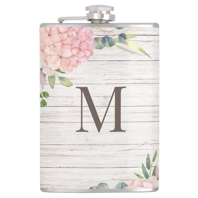 Rose Hydrangea und Eukalyptus aus Holz Flachmann (Vorderseite)