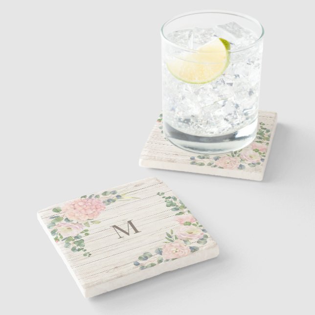 Rose Hydrangea und Eukalyptus aus Holz Steinuntersetzer (Seitenansicht)